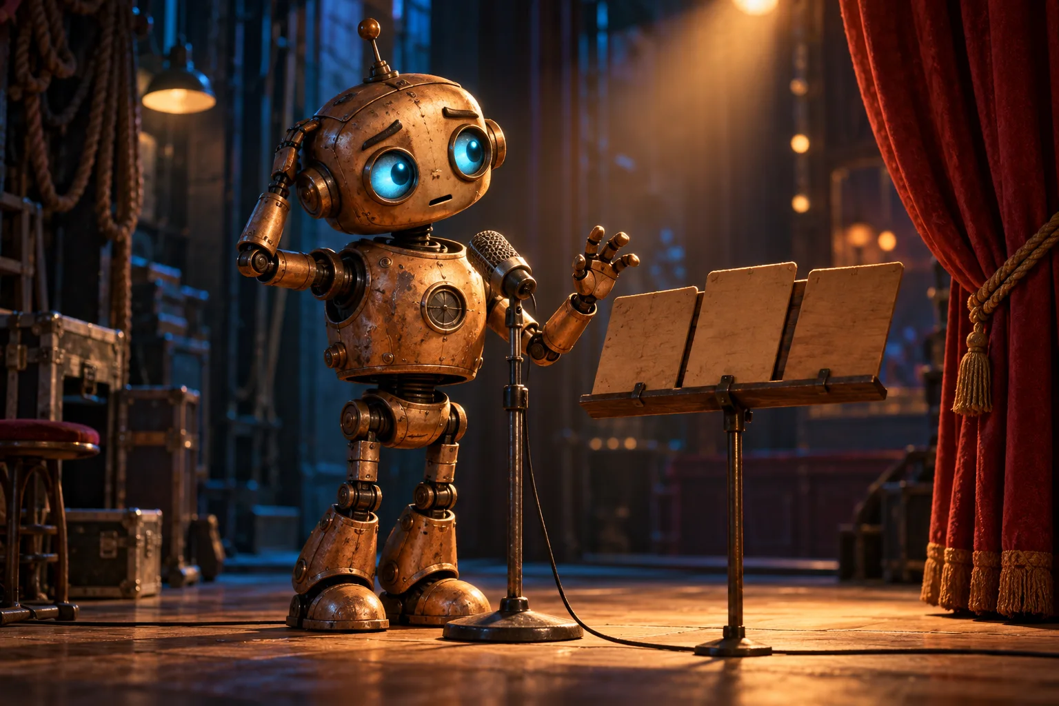 An imaginary copper robot rehearses at a microphone with three blank cue cards.