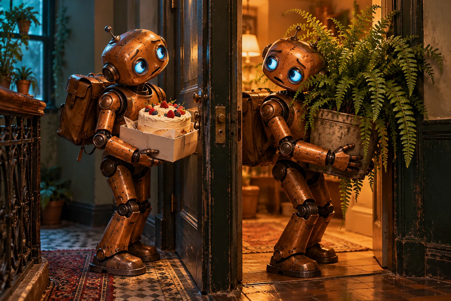 Two imaginary copper delivery robots meet in a doorway carrying a cake and a large fern.