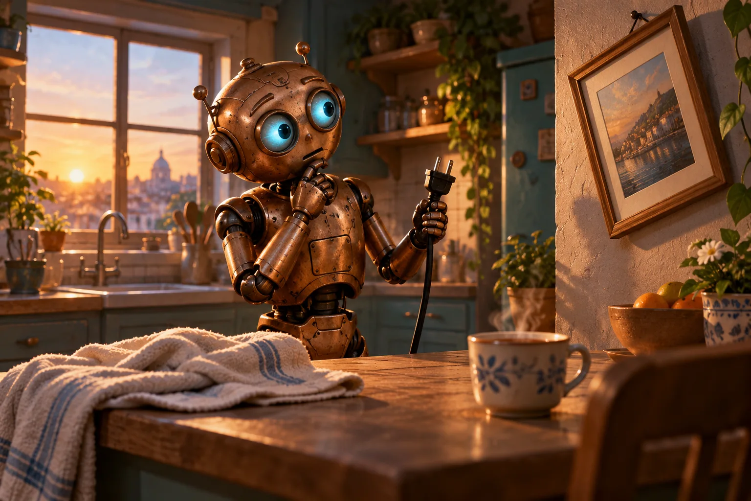 An imaginary household robot considers a charging cable, towel, cup and tilted picture.