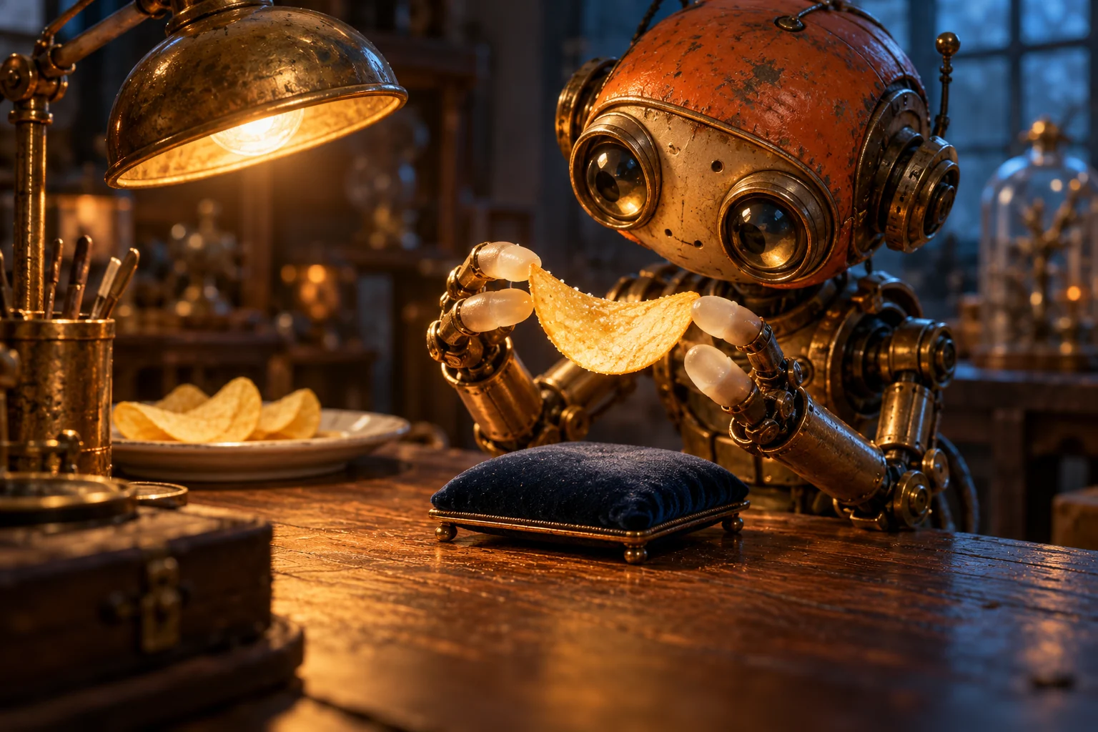 An imagined brass robot carefully holds a potato chip above a small velvet cushion.