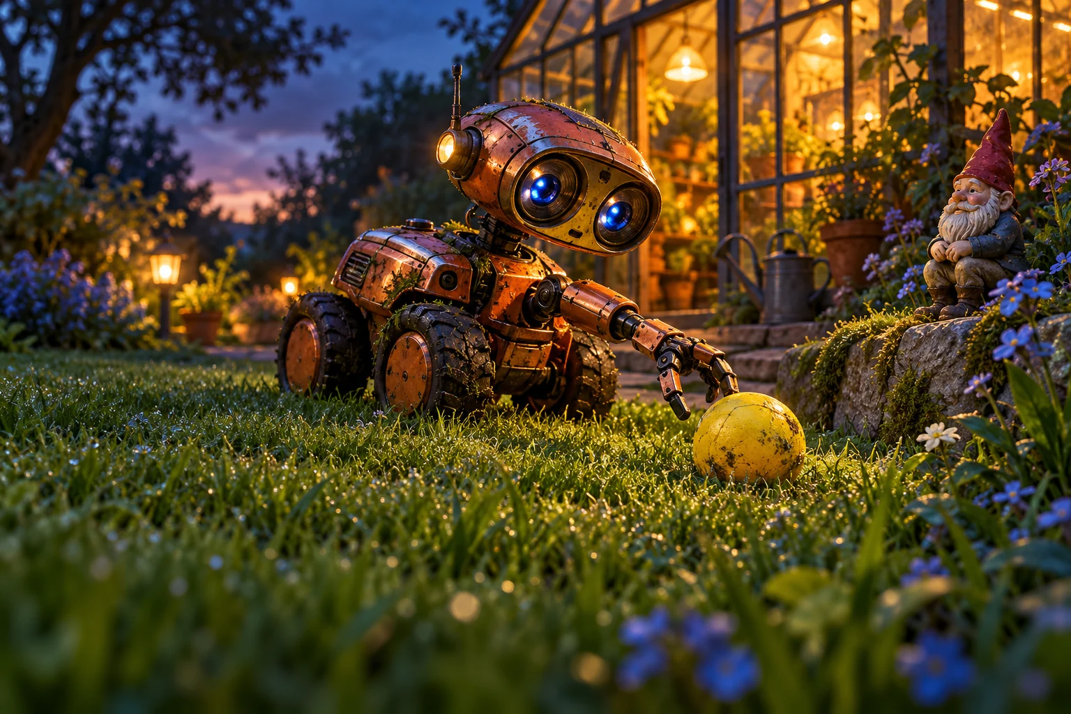 An imagined copper garden robot considers a rubber ball while a garden gnome appears to supervise.