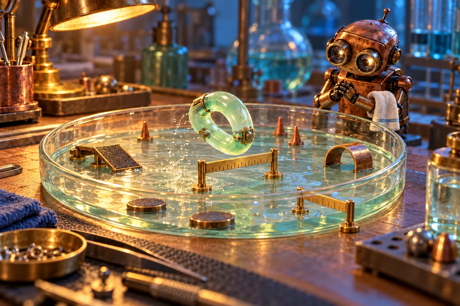 An imagined soft miniature robot hops inside a laboratory dish while a copper robot watches.