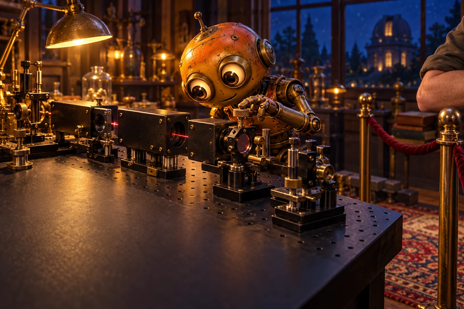 An imagined laboratory robot aligns small optical components while a human keeps an elbow safely away.