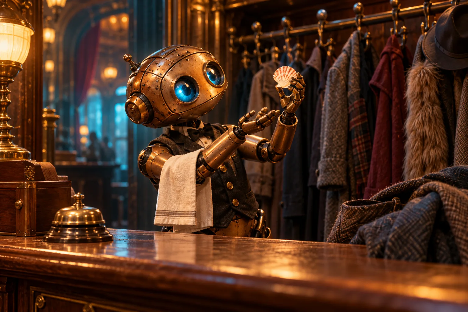 An imagined copper coat-check robot carefully presents a seashell beside a row of coats.