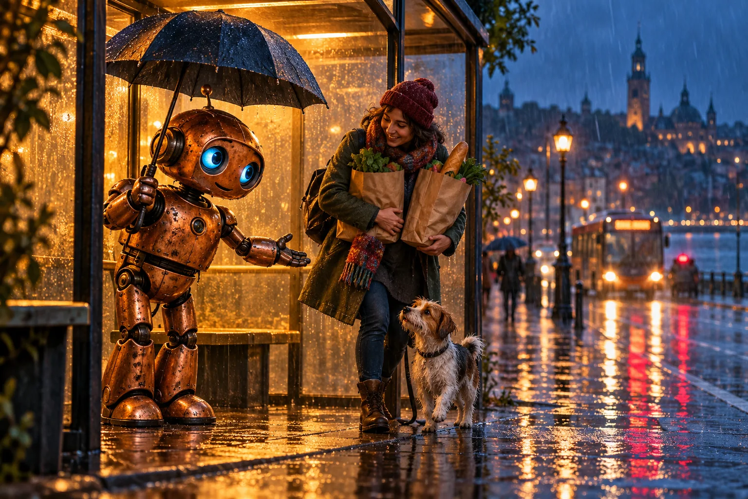 An imaginary robot makes room beneath a rainy bus shelter for a shopper and dog.