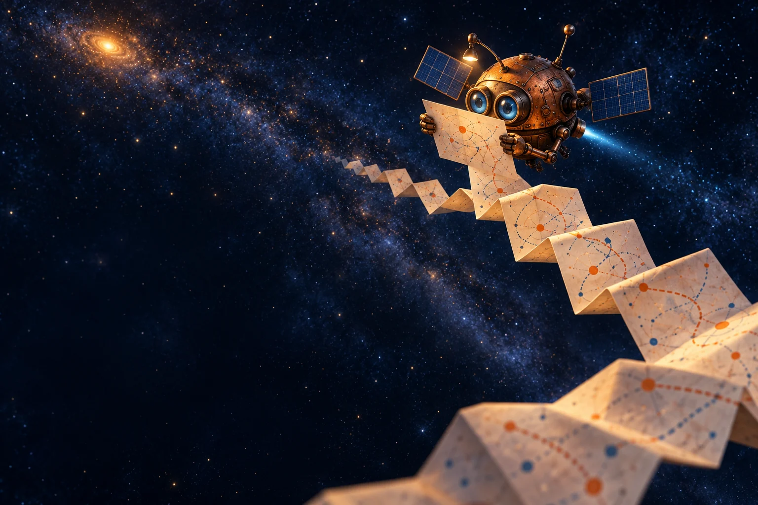 An imagined copper space probe studies a long folded map beneath the stars.