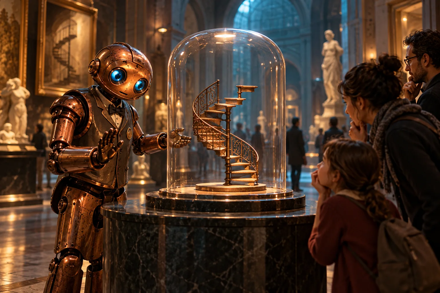An imagined museum robot guards an unfinished miniature spiral staircase under glass.