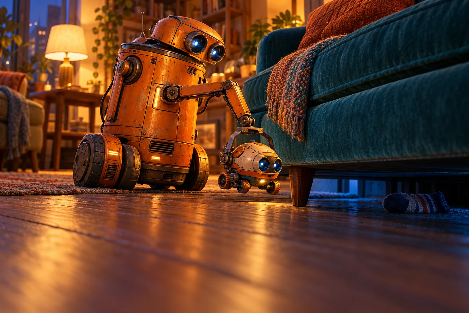 An imaginary large cleaning robot lowers a smaller robot beside a sofa with a sock underneath.